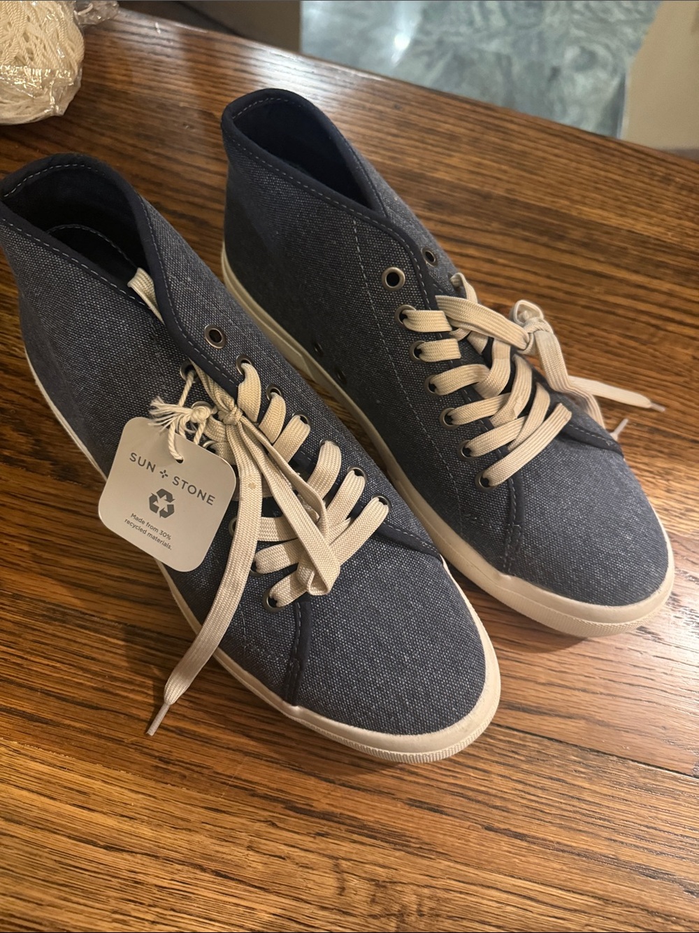 NWT Sun + Stone Men’s Navy Denim High-Top Sneakers with Cream Laces
